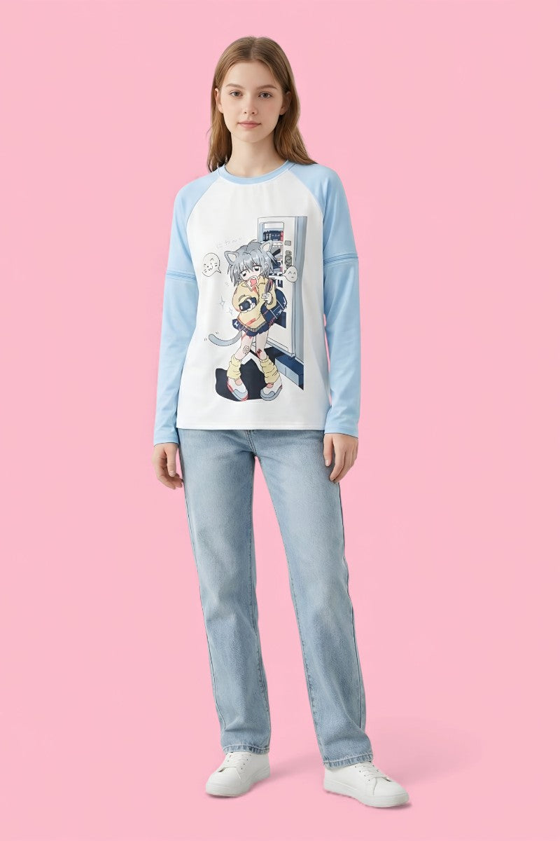 Cat Print Detachable Sleeve Tee