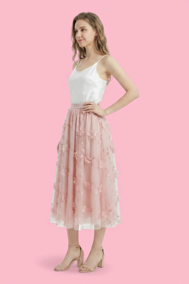 3D Floral Tulle Midi Skirt
