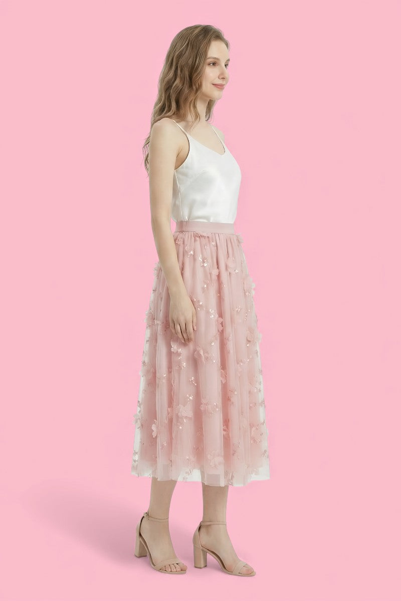 3D Floral Tulle Midi Skirt
