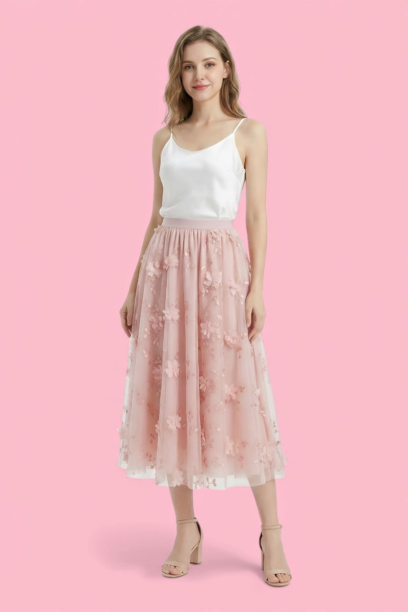 3D Floral Tulle Midi Skirt