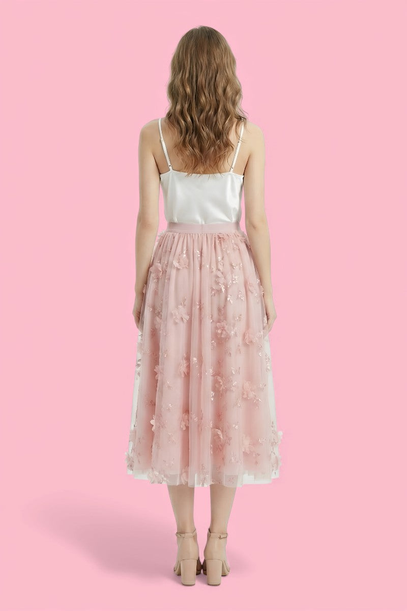 3D Floral Tulle Midi Skirt