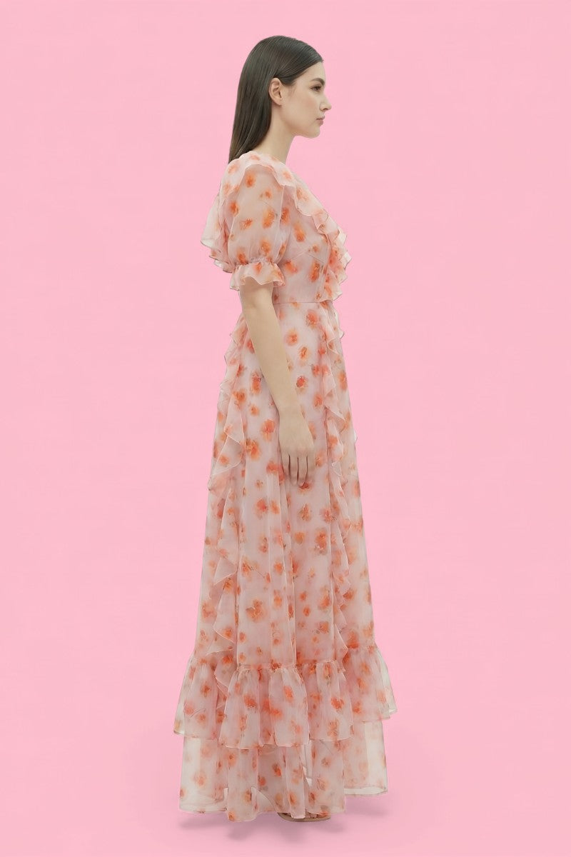 French Pink Floral Off-Shoulder Maxi Dress