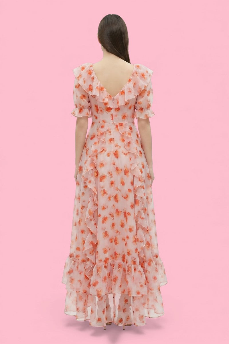 French Pink Floral Off-Shoulder Maxi Dress