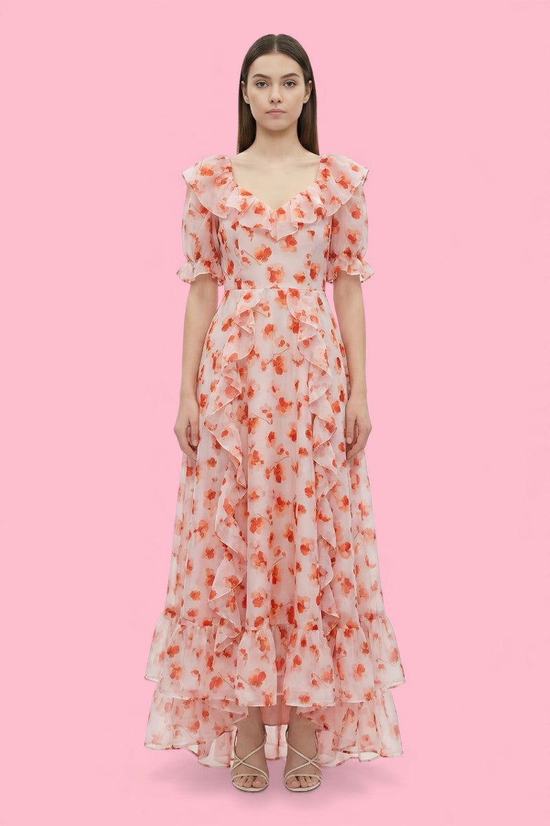 French Pink Floral Off-Shoulder Maxi Dress