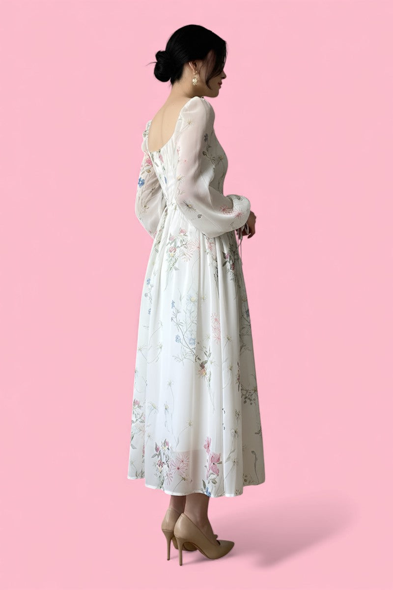 Elegant Chiffon Long Sleeve Floral Midi Dress