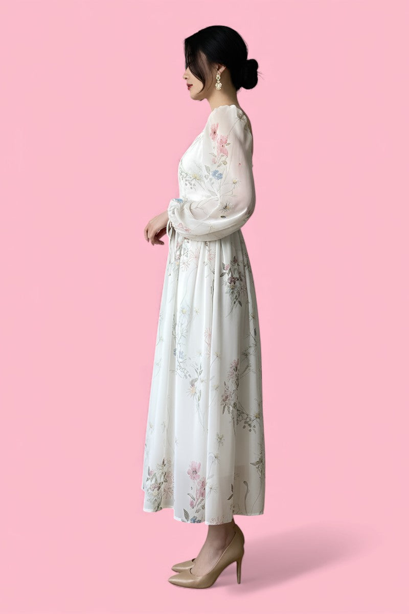 Elegant Chiffon Long Sleeve Floral Midi Dress