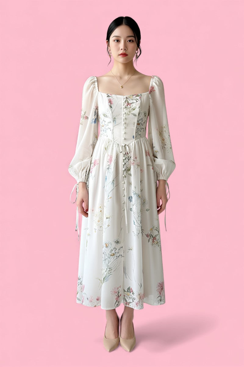 Elegant Chiffon Long Sleeve Floral Midi Dress