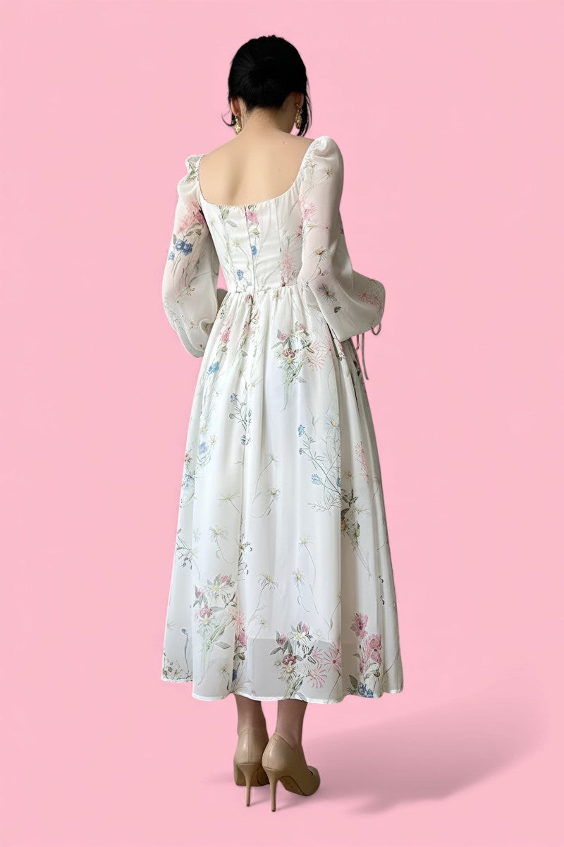 Elegant Chiffon Long Sleeve Floral Midi Dress