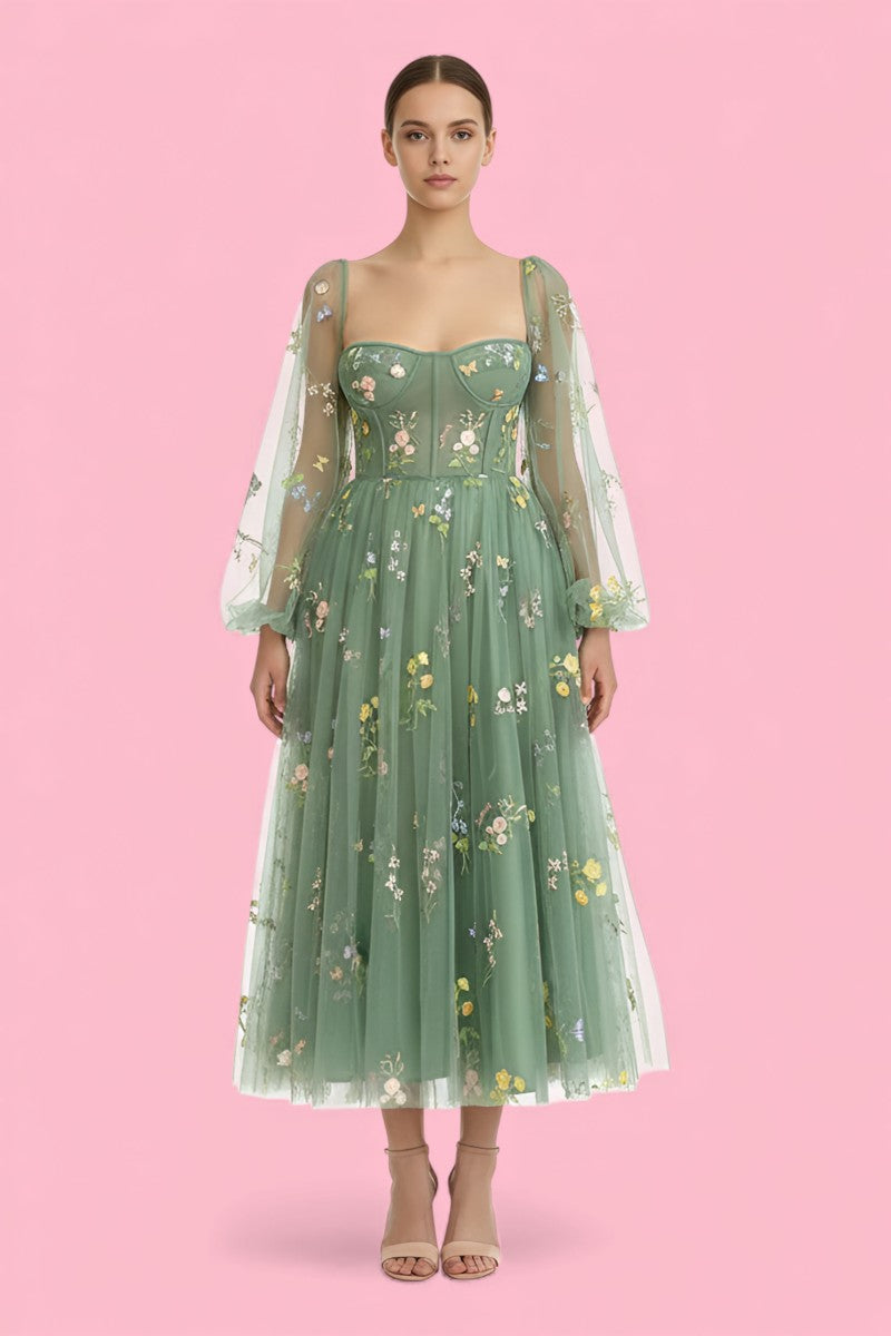 Fairy Tulle Floral Puff Sleeve Maxi Dress
