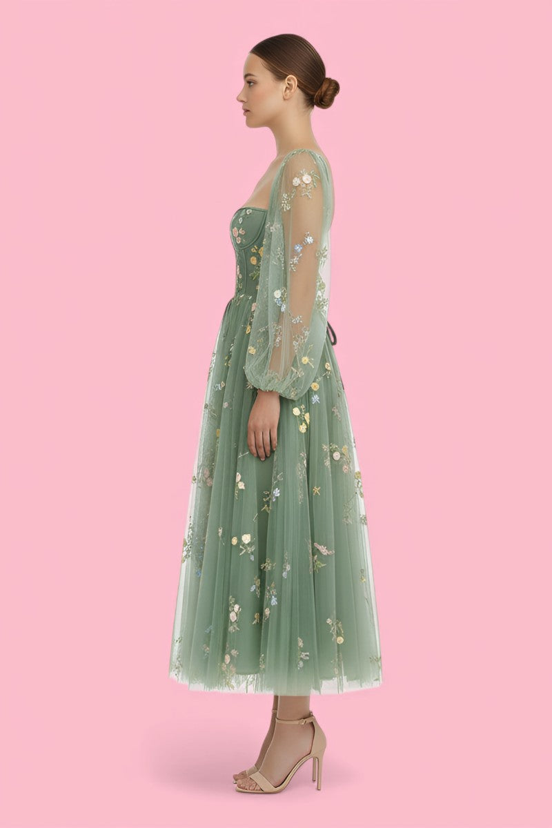 Fairy Tulle Floral Puff Sleeve Maxi Dress