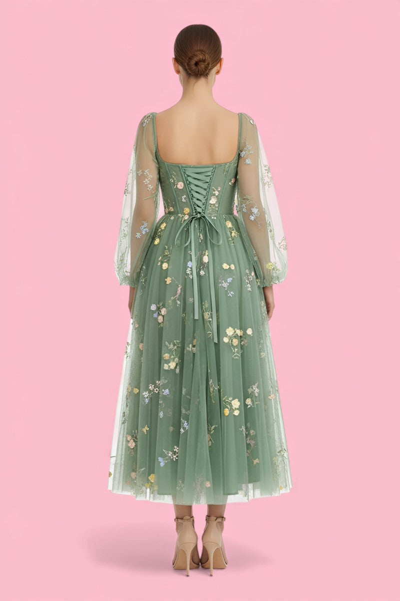 Fairy Tulle Floral Puff Sleeve Maxi Dress