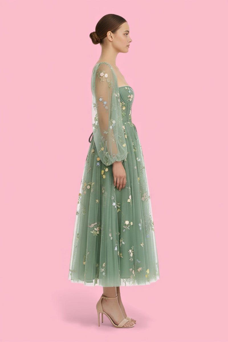 Fairy Tulle Floral Puff Sleeve Maxi Dress